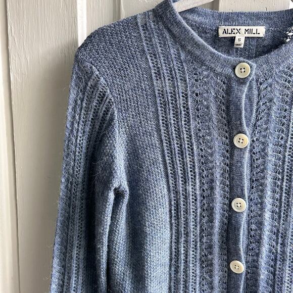 Alex Mill Faye Pointelle Crop Cardigan in Frost Blue Wool Mohair - Picture 4 of 8